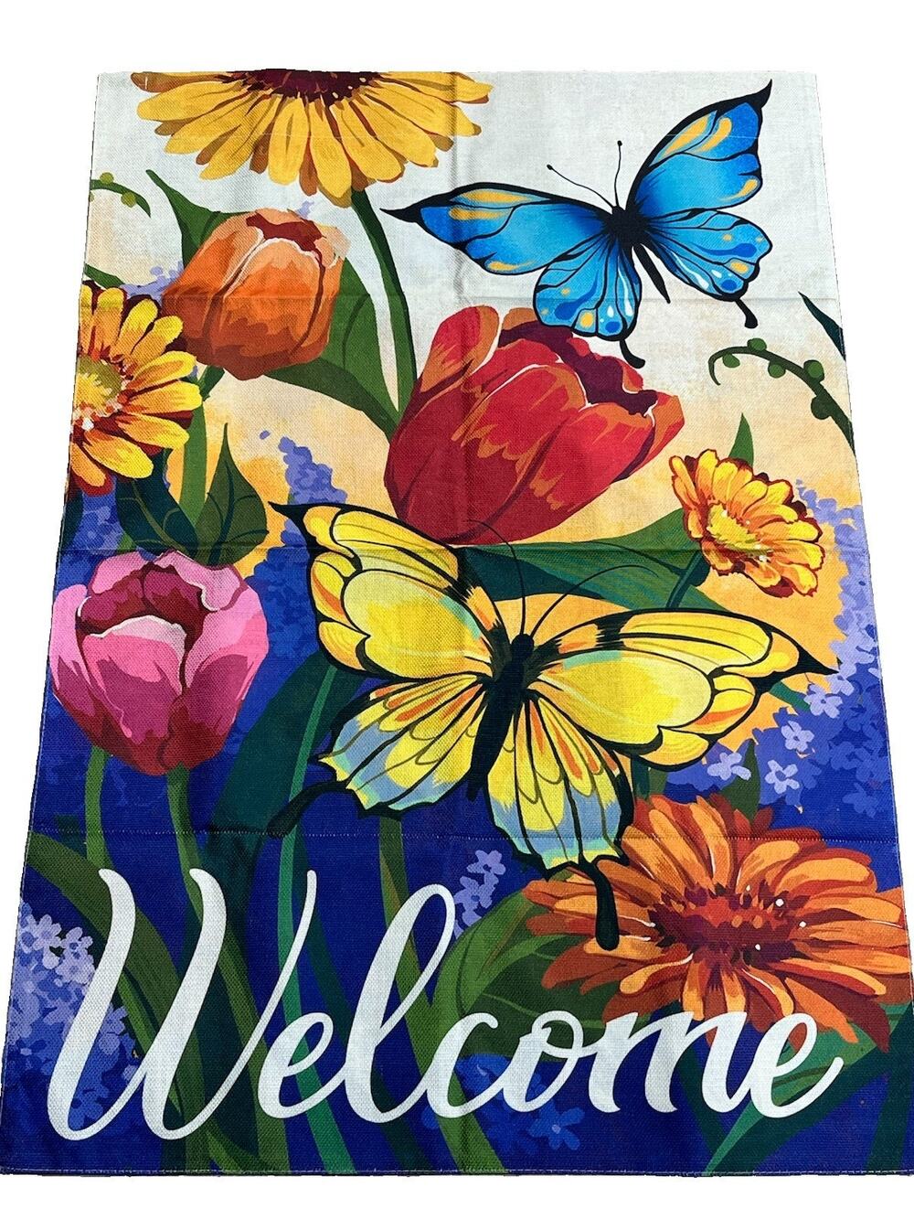 Garden Flag Welcome Tulip Lavender Butterfly 28X40 Double Sided Louise Maeley